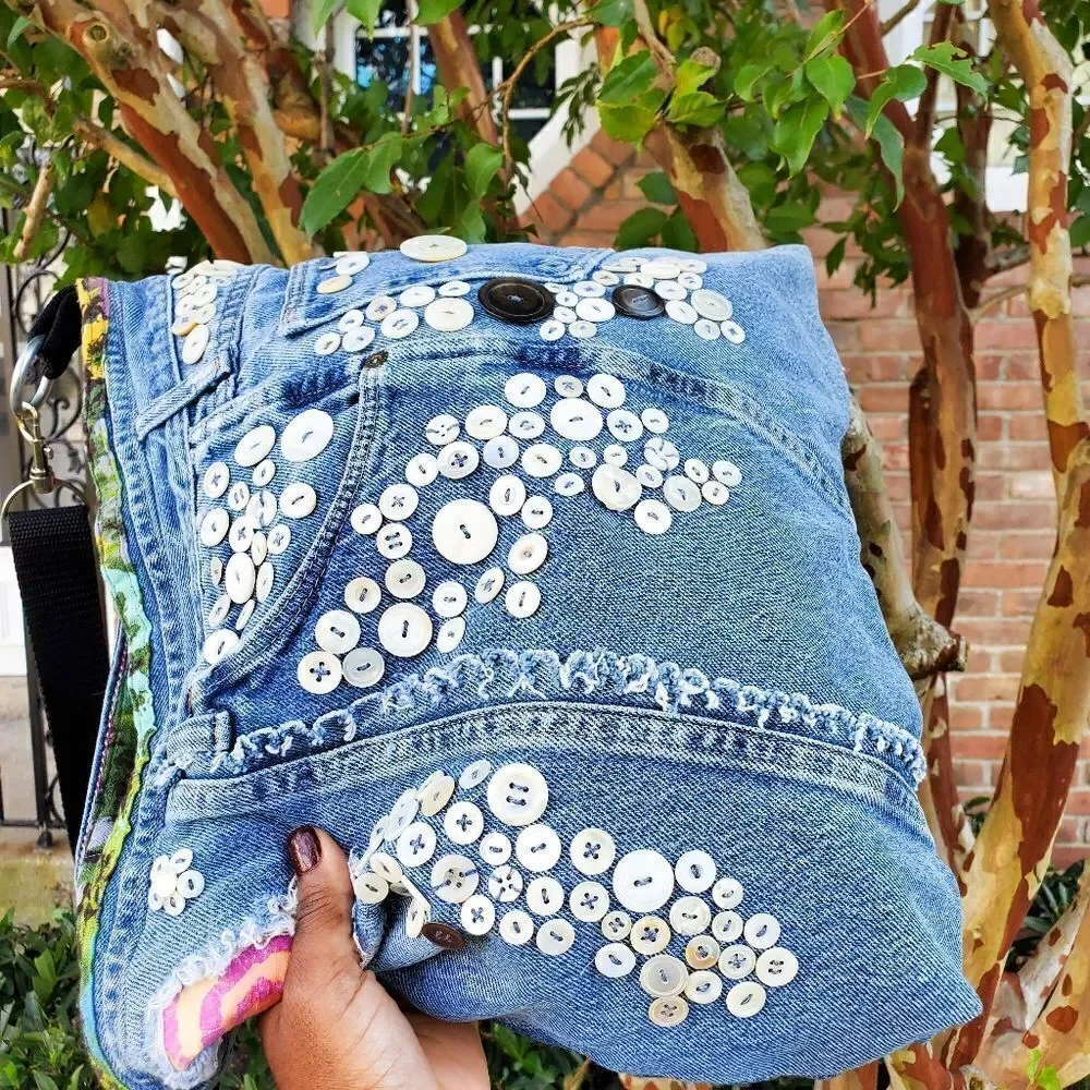 Handmade Recycled Denim Button Detail Gypsy Boho Crossbody Bag.